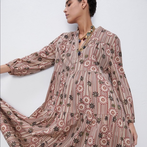 Red Camel Printed Floral Stripe Poplin Midi Dress - Picture 10 of 13